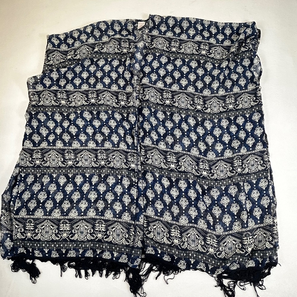 One Size Dark Navy Boho Patterned Kimono Cardigan with Tassel Fringe